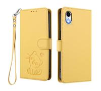 U.DARELIKE Case for iPhone XR Wallet PU Leather Flip Cover Embossed Lovely Cat Pattern Design Kick Stand Case with Card Slots Hand Strap Phone Holster for iPhone XR - Yellow