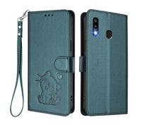 U.DARELIKE Case for Samsung Galaxy A20 Wallet PU Leather Flip Cover Embossed Lovely Cat Pattern Design Kick Stand Case with Card Slots Hand Strap Phone Holster for Galaxy A20 - Dark Green