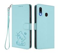 U.DARELIKE Case for Samsung Galaxy A20 Wallet PU Leather Flip Cover Embossed Lovely Cat Pattern Design Kick Stand Case with Card Slots Hand Strap Phone Holster for Galaxy A20 - Mint Green