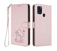 U.DARELIKE Case for Samsung Galaxy A21s Wallet PU Leather Flip Cover Embossed Lovely Cat Pattern Design Kick Stand Case with Card Slots Hand Strap Phone Holster for Galaxy A21s - Pink
