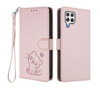 U.DARELIKE Case for Samsung Galaxy A22 4G Wallet PU Leather Flip Cover Embossed Lovely Cat Pattern Design Kick Stand Case with Card Slots Hand Strap Phone Holster for Galaxy A22 4G - Pink