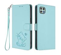 U.DARELIKE Case for Samsung Galaxy A22 5G Wallet PU Leather Flip Cover Embossed Lovely Cat Pattern Design Kick Stand Case with Card Slots Hand Strap Phone Holster for Galaxy A22 5G - Mint Green