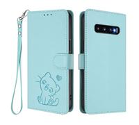 U.DARELIKE Case for Samsung Galaxy S10 Plus Wallet PU Leather Flip Cover Embossed Lovely Cat Pattern Design Kick Stand Case with Card Slots Hand Strap Phone Holster for Galaxy S10 Plus - Mint Green