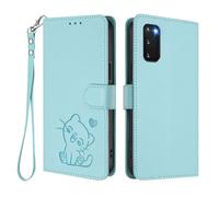 U.DARELIKE Case for Samsung Galaxy S20 Plus Wallet PU Leather Flip Cover Embossed Lovely Cat Pattern Design Kick Stand Case with Card Slots Hand Strap Phone Holster for Galaxy S20 Plus - Mint Green