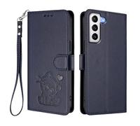 U.DARELIKE Case for Samsung Galaxy S21 Wallet PU Leather Flip Cover Embossed Lovely Cat Pattern Design Kick Stand Case with Card Slots Hand Strap Phone Holster for Galaxy S21 - Navy Blue