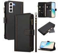 U.DARELIKE Case for Samsung Galaxy S22 Wallet PU Leather Flip Cover 9 Card Holder Zipper Pocket Holster with Kickstand Magnetic Closure Hand Strap for Galaxy S22 - Black