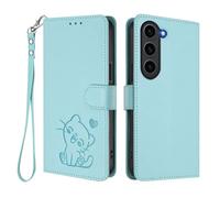 U.DARELIKE Case for Samsung Galaxy S24 FE Wallet PU Leather Flip Cover Embossed Lovely Cat Pattern Design Kick Stand Case with Card Slots Hand Strap Phone Holster for Galaxy S24 FE - Mint Green
