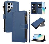 U.DARELIKE Case for Samsung Galaxy S25 Ultra Wallet PU Leather Flip Cover 9 Card Holder Zipper Pocket Holster with Kickstand Magnetic Closure Hand Strap for Galaxy S25 Ultra - Navy Blue