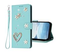 U.DARELIKE For HONOR Magic6 Flip Wallet Case Bling Diamond Heart Design Magnetic Closure Card Holder Photo Frame Shockproof TPU Wrist Strap Compatible with HONOR Magic6 - Mint Green