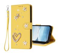 U.DARELIKE For HONOR Magic6 Flip Wallet Case Bling Diamond Heart Design Magnetic Closure Card Holder Photo Frame Shockproof TPU Wrist Strap Compatible with HONOR Magic6 - Yellow