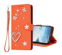 U.DARELIKE For HONOR Magic6 Pro Flip Wallet Case Bling Diamond Heart Design Magnetic Closure Card Holder Photo Frame Shockproof TPU Wrist Strap Compatible with HONOR Magic6 Pro - Orange