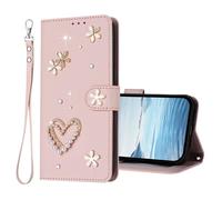 U.DARELIKE For HONOR Magic7 Flip Wallet Case Bling Diamond Heart Design Magnetic Closure Card Holder Photo Frame Shockproof TPU Wrist Strap Compatible with HONOR Magic7 - Pink