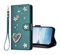 U.DARELIKE For HONOR Magic7 Flip Wallet Case Bling Diamond Heart Design Magnetic Closure Card Holder Photo Frame Shockproof TPU Wrist Strap Compatible with HONOR Magic7 - Green