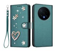 U.DARELIKE For HONOR Magic8 Flip Wallet Case Bling Diamond Heart Design Magnetic Closure Card Holder Photo Frame Shockproof TPU Wrist Strap Compatible with HONOR Magic8 - Green