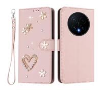U.DARELIKE For HONOR Magic8 Flip Wallet Case Bling Diamond Heart Design Magnetic Closure Card Holder Photo Frame Shockproof TPU Wrist Strap Compatible with HONOR Magic8 - Pink