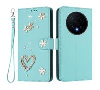 U.DARELIKE For HONOR Magic8 Flip Wallet Case Bling Diamond Heart Design Magnetic Closure Card Holder Photo Frame Shockproof TPU Wrist Strap Compatible with HONOR Magic8 - Mint Green