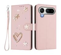 U.DARELIKE For HONOR Magic8 Pro Air Flip Wallet Case Bling Diamond Heart Design Magnetic Closure Card Holder Photo Frame Shockproof TPU Wrist Strap Compatible with HONOR Magic8 Pro Air - Pink