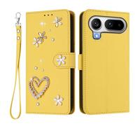 U.DARELIKE For HONOR Magic8 Pro Air Flip Wallet Case Bling Diamond Heart Design Magnetic Closure Card Holder Photo Frame Shockproof TPU Wrist Strap Compatible with HONOR Magic8 Pro Air - Yellow