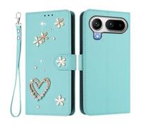 U.DARELIKE For HONOR Magic8 Pro Air Flip Wallet Case Bling Diamond Heart Design Magnetic Closure Card Holder Photo Frame Shockproof TPU Wrist Strap Compatible with HONOR Magic8 Pro Air - Mint Green