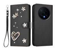 U.DARELIKE For HONOR Magic8 Pro Flip Wallet Case Bling Diamond Heart Design Magnetic Closure Card Holder Photo Frame Shockproof TPU Wrist Strap Compatible with HONOR Magic8 Pro - Black