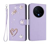 U.DARELIKE For HONOR Magic8 Pro Flip Wallet Case Bling Diamond Heart Design Magnetic Closure Card Holder Photo Frame Shockproof TPU Wrist Strap Compatible with HONOR Magic8 Pro - Lavender