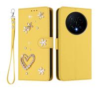 U.DARELIKE For HONOR Magic8 Pro Flip Wallet Case Bling Diamond Heart Design Magnetic Closure Card Holder Photo Frame Shockproof TPU Wrist Strap Compatible with HONOR Magic8 Pro - Yellow