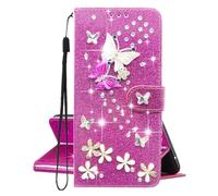 U.DARELIKE Glitter Phone Case for Samsung Galaxy A56 PU Leather Wallet Shiny Sparkle Flip Cover 3D Butterfly Flowers Design Soft Silicone Protective Case for Galaxy A56 - Rose Red