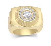 (U) Jewelco London Mens 9ct Gold White Cubic Zirconia Fluted Sunburst Bezel Watch Strap Cluster Solitaire Ring - JRN569