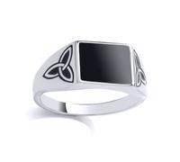 (U) Jewelco London Mens Rhodium Plated Sterling Silver Black Radiant Onyx Trinity Knot Rectangular Signet Ring - GVR987