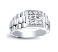 (U) Jewelco London Men's Solid 9ct White Gold 4 Claw Set Round H I1 0.5ct Diamond 9 Stone Cluster Signet Ring 12mm - 9R253