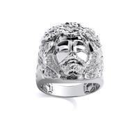 (U) Jewelco London Rhodium Plated Sterling Silver CZ Hexagon Honeycomb Jesus Head Dress Ring - GSR1104