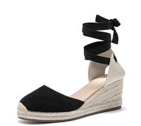 U-lite Womens Espadrille Wedge Sandals Closed Toe Platform Lace Up Ankle Strap Slingback Summer Dress Shoes, Black Suede-2.5", 4 UK