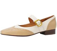 U-lite Women's Mary Jane Leather Flats Ballet Dress Shoes Square Toe Slip On Vintage Casual Style, Beige, 2 UK