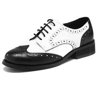 U-lite Women's Perforated Lace-up Wingtip Leather Flat Oxfords Vintage Oxford Shoes Brogues, Black White, 5