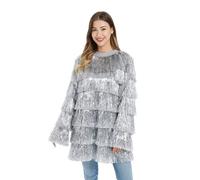 U LOOK UGLY TODAY Christmas Sweater Women's Tinsel Fringe Pullover Dance Costume Fringe Trimming Shiny Metallic Foil Funny Chunky Festive Sweater for Party Long Sleeve Silver S/M