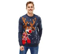 U LOOK UGLY TODAY Men's s Christmas Ugly Jumper Festive Pullover for Party Sweater, Red Nose Roudolph-Blue, 3XL