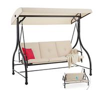 U-MAX 3 Seater Garden Swing Seat Bed, Convertible Outdoor Hammock Bench Chair with Adjustable Canopy & Cushion, Steel Frame Porch Swing Chair Lounger for For Garden Patio Balcony(Beige)