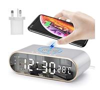 U-picks Alarm Clock with Qi wireless charging,max 15W fast charging,Bedside Digital Desk Clock with Adapter/Snooze/Dual Alarm/Temperature/4 Brightness, Digital Alarm Clock for Office,Bedroom-Silver