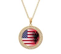 U.S.A. Albania Flag Fashion Necklace Chain Round Graphic Pendant with Diamond Jewellery Golden-style