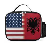 U.S.A & Albania Flag Leather Lunch Bag Insulated Lunchbox Meal Tote Handbags with Detachable Buckled Handle