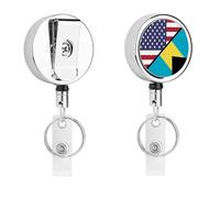 U.S.A and Bahamas Flag Cute Retractable Metal ID Badge Holder Reel Clip Keychain for Office Work