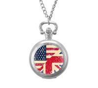 U.S.A and Birtish Vintage Flag Vintage Pocket Watches Roman Numerals Quaretz Watch with Chain Christmas Birthday Gifts Silver-Style