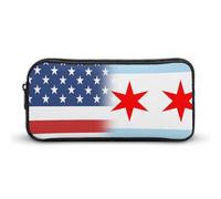 U.S.A and Chicago Flag Large Pencil Case Pouch Multifunctional Office Storage Pocket Makeup Bag with Zipper