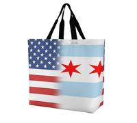 U.S.A And Chicago Flag Lightweight Large Shopping Bag with Inside Pocket Reusable Grocery Bags Foldable Shoulder Handbag