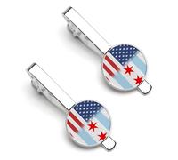 U.S.A And Chicago Flag Men's Round Metal Tie Clip 1Pair Classic Tie Bar Jewelry Gift for Daily Business Anniversary