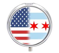 U.S.A and Chicago Flag Portable Pill Organizer with 3 Compartments Round Medicine Box Compact Travel Pharmacy Case
