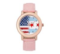U.S.A and Chicago Flag Women Simplicity Watch with Leather Strap Easy Reader Ladies Wristwatch