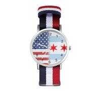 U.S.A and Chicago Flag Woven Strap Watch Multicolor Wristwatch Easy Reader Analog Watches for Men Women Birthday Gift