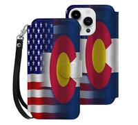 U.S.A And Colorado State Flag Cell Phone Flip Leather Case Classic Protection Compatible with iPhone 15/15 Plus/15 Pro/15 Pro Max