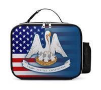 U.S.A and Louisiana State Flag Leather Lunch Bag with Buckled Handle Insulated Portable Meal Lunchbox for Work Travel